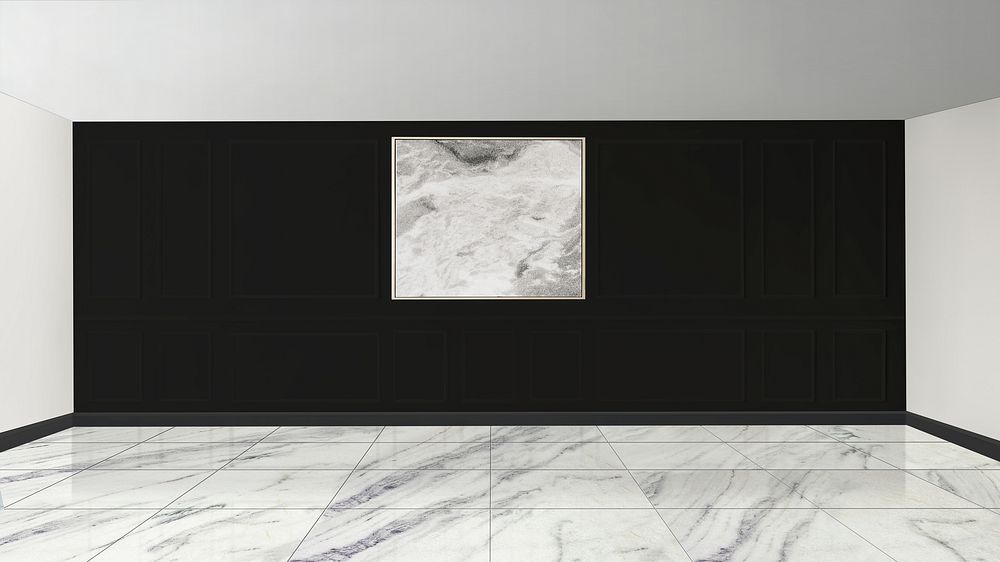 Black wall mockup and picture frame with white marble floor