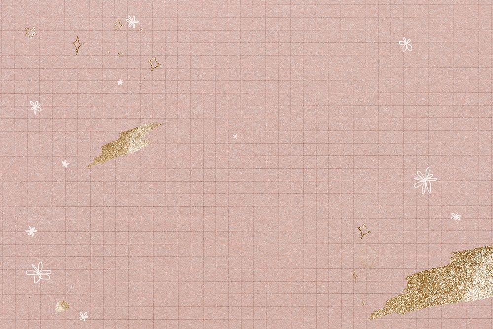 Shimmering gold brush strokes on a pink grid background 