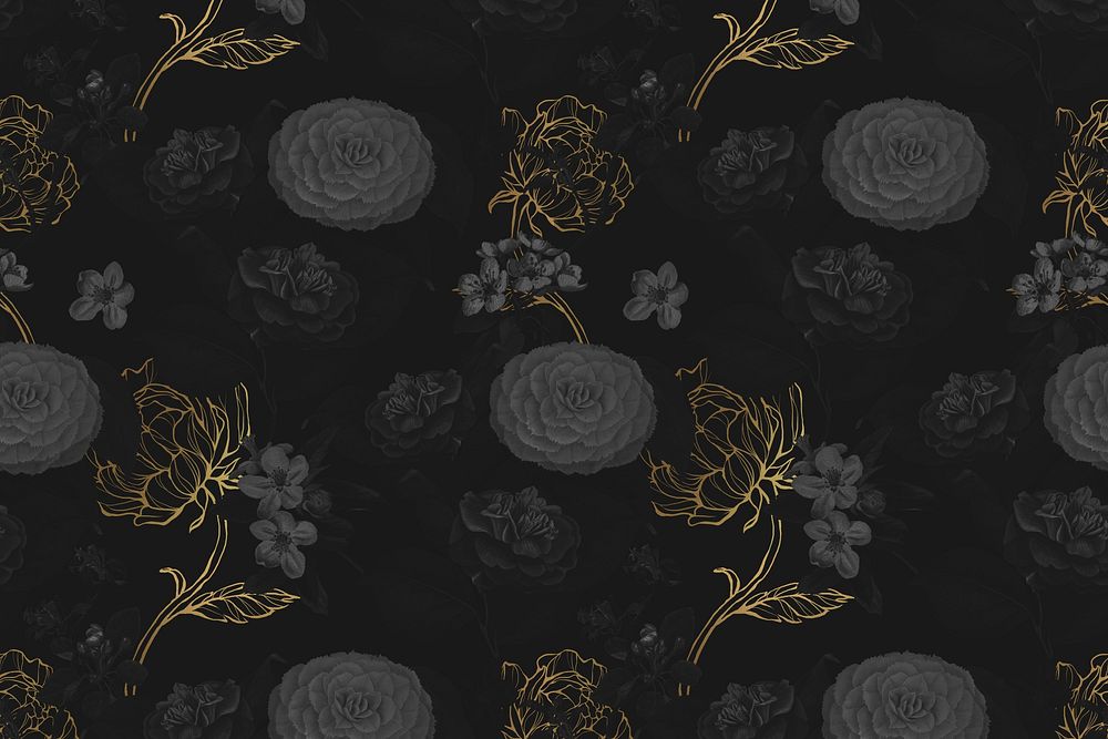 Hand drawn dark and gold flower patterned background