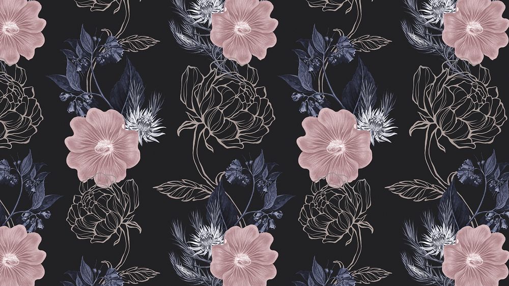 Hand drawn dull pink and gold flower pattern on a black background