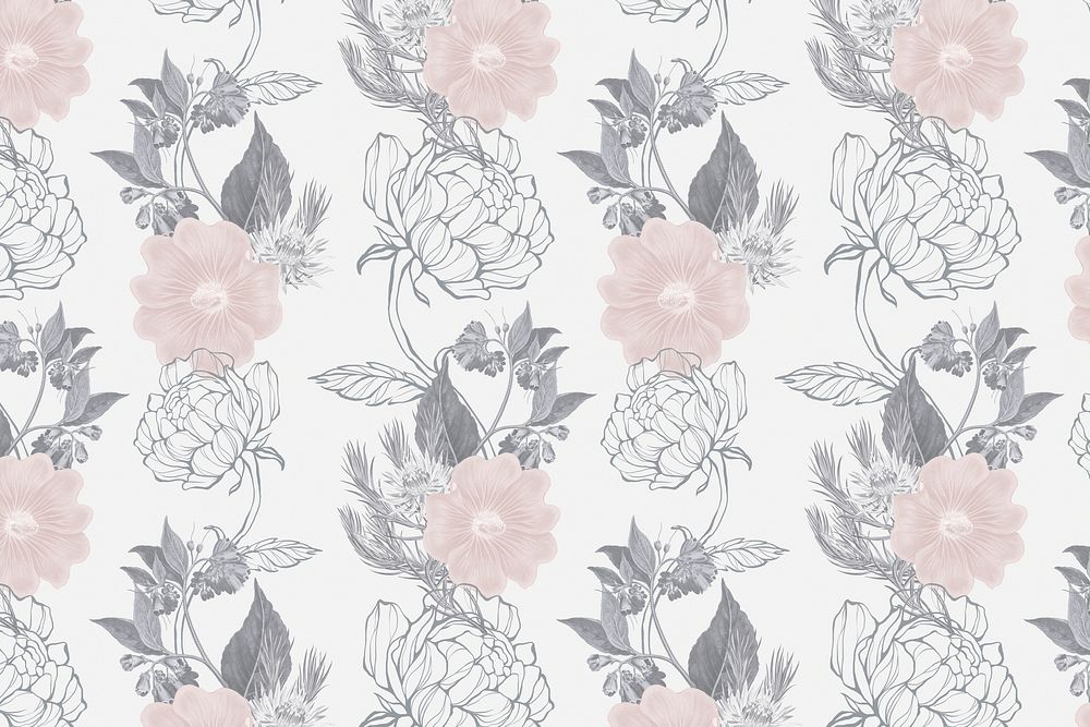 Hand drawn dull pink and gray flower pattern on an off white background