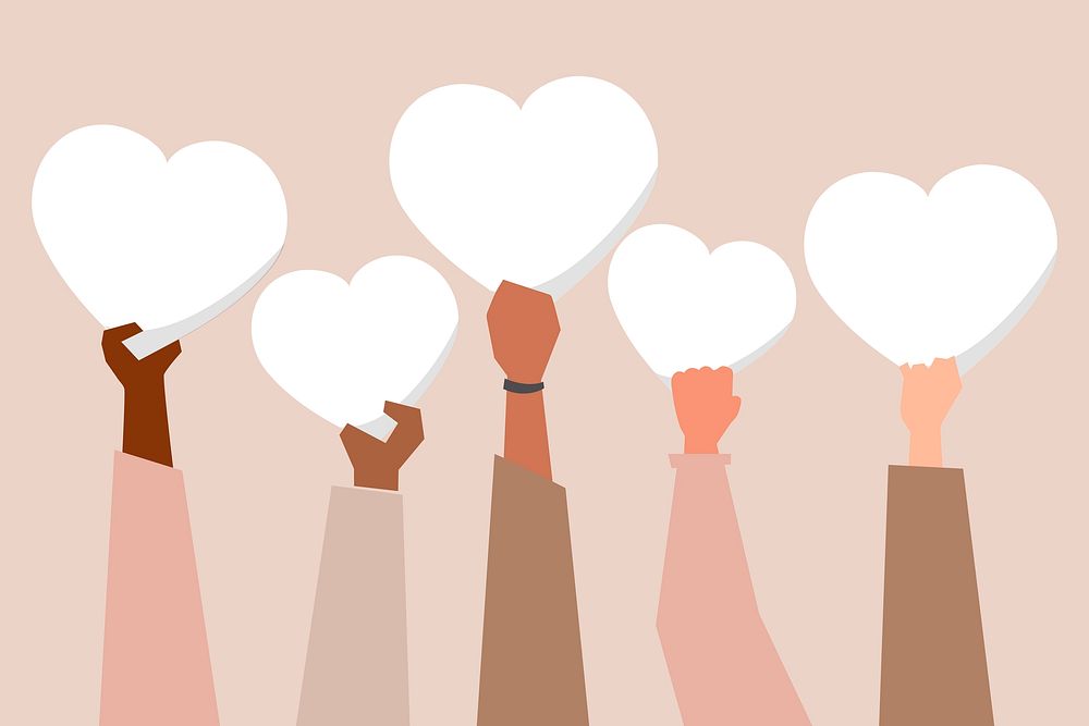 Diverse hands raising hearts support BLM campaign social media post