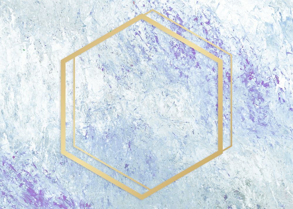 Gold hexagon frame on a blue abstract patterned background