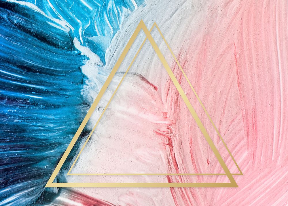 Gold triangle frame on a pink and blue paintbrush stroke patterned background