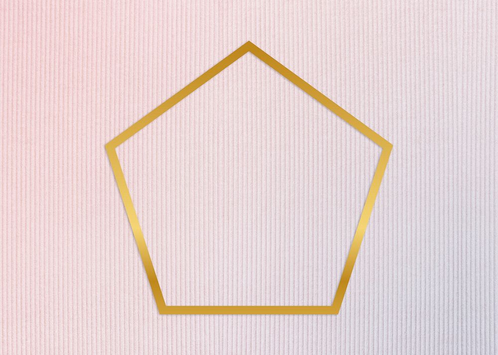 Gold pentagon frame on a pinkish blue fabric background