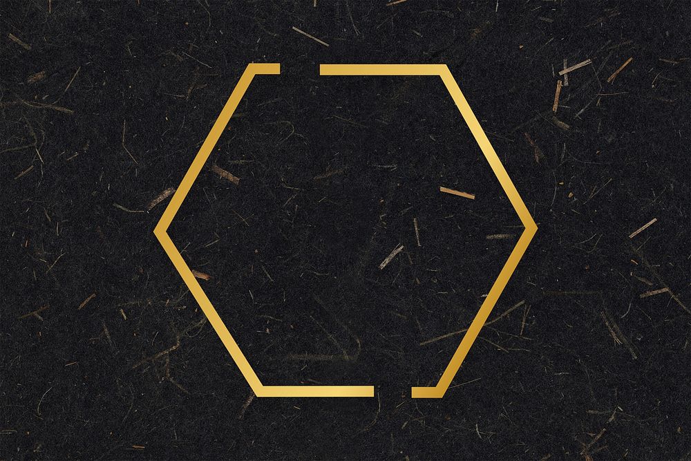 Gold hexagon frame on a black mulberry paper textured background