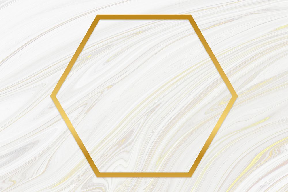 Golden framed hexagon on a liquid marble texture