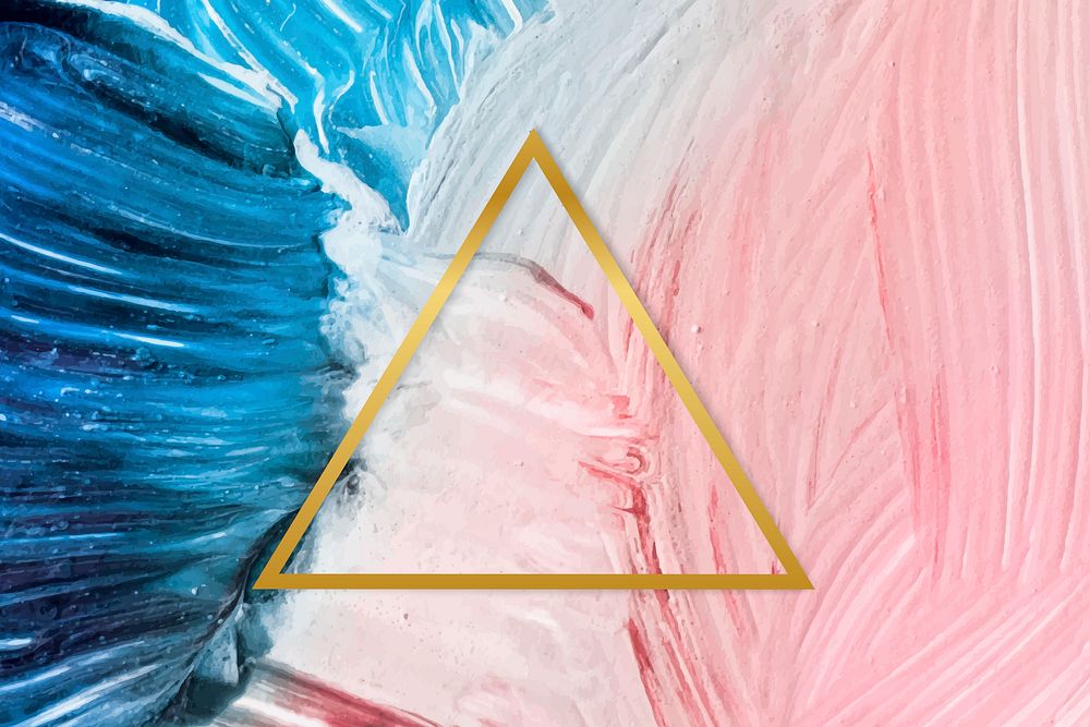 Gold triangle frame on a pink and blue paintbrush stroke patterned background vector