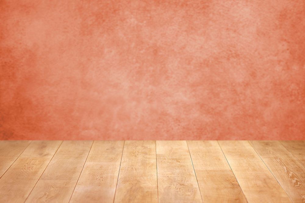 Reddish orange wall with wooden floor product background