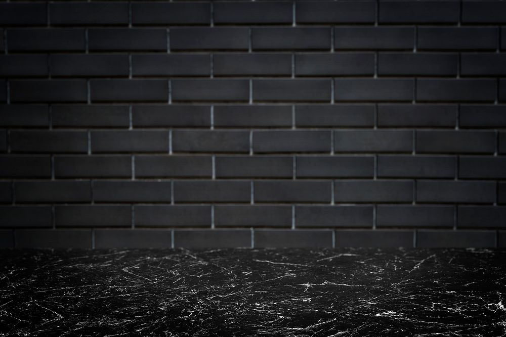 Dark gray brick wall with black marble floor product background