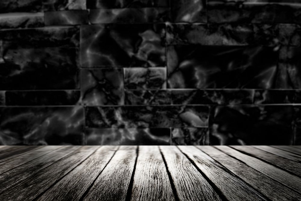 Black marble wall with rustic planks product background