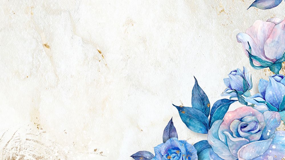 Watercolor blue rose border on marble texture 