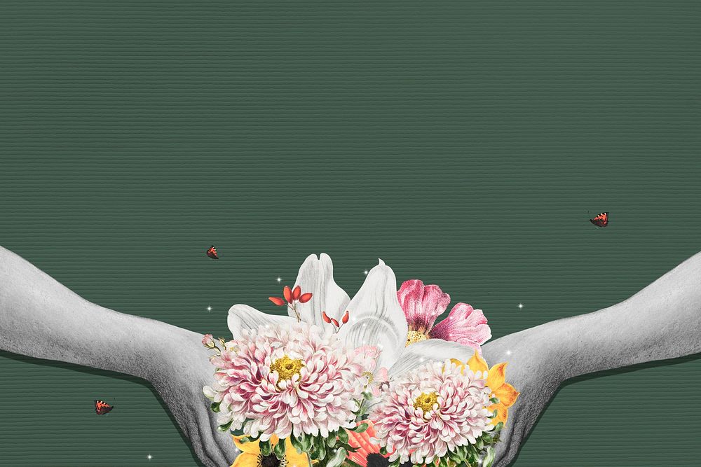 Hand holding flowers green background vintage illustration