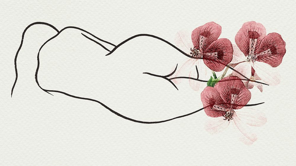 Naked woman with flower psd vintage illustration