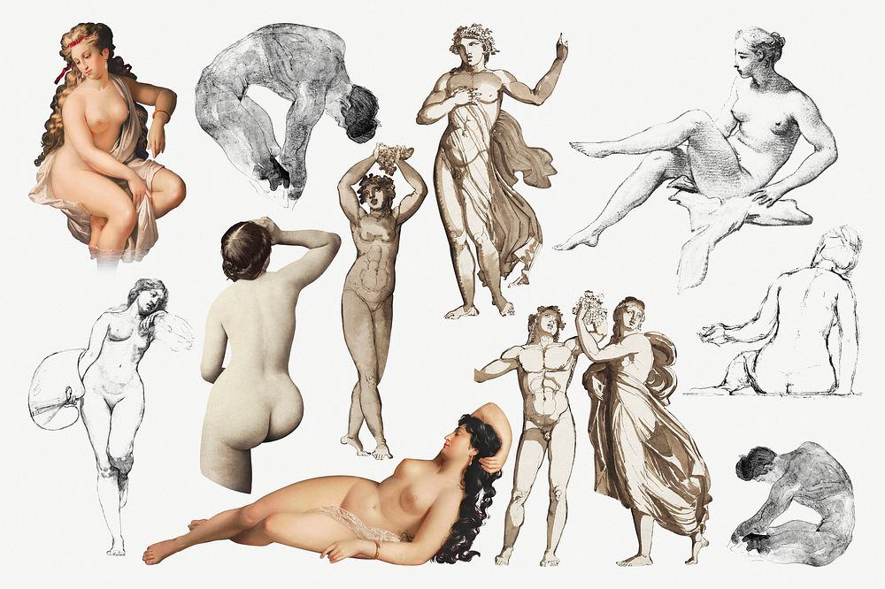 Psd men and women nude gesture study set