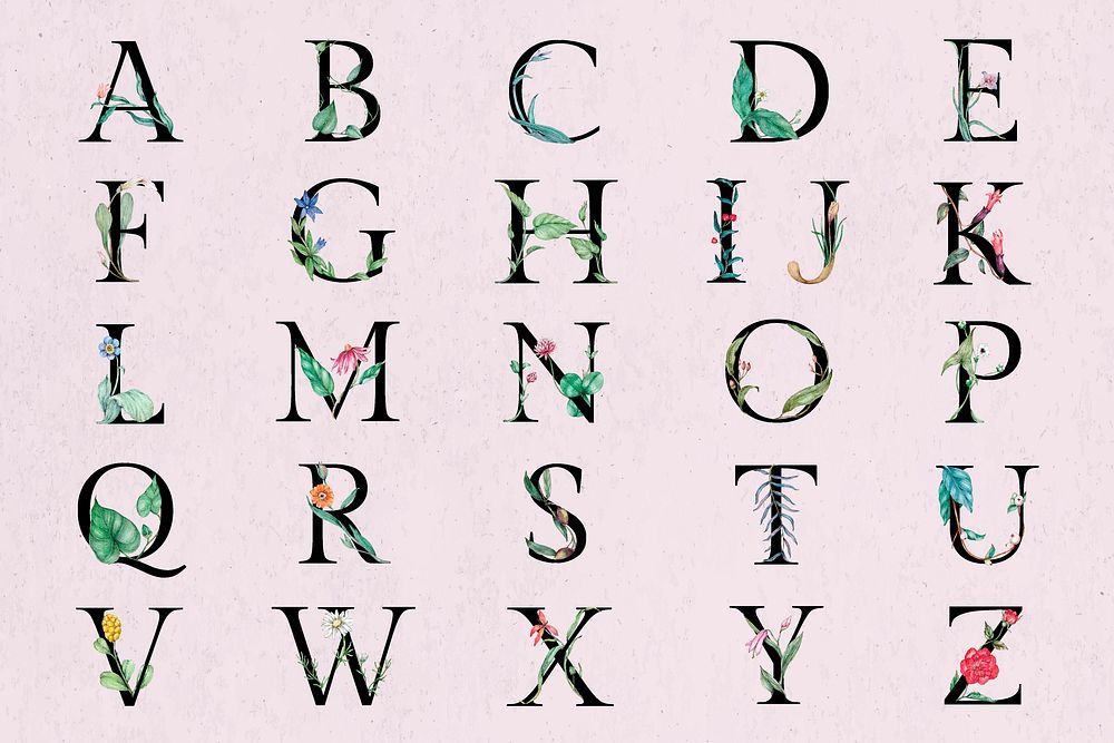 Flower decorated alphabet vector set botanical letters