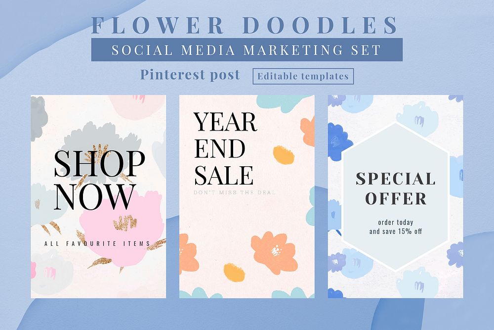 Flower doodles social media marketing template vector set