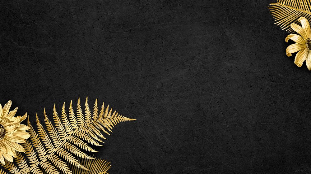 Gold sunflower computer wallpaper, palm leaf on black background