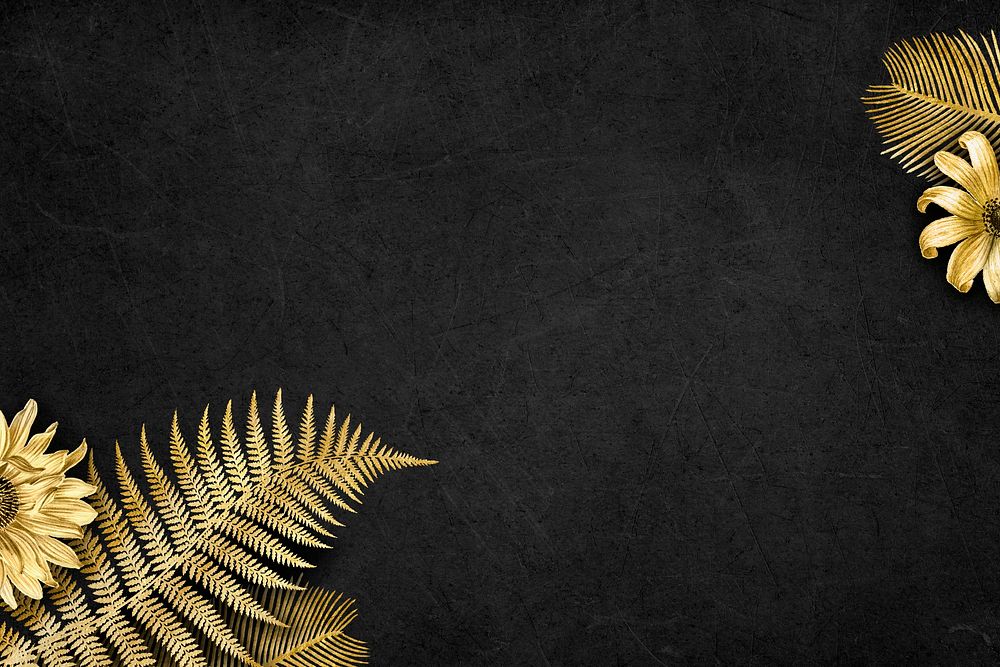 Sunflower palm leaf gold border frame on black textured background