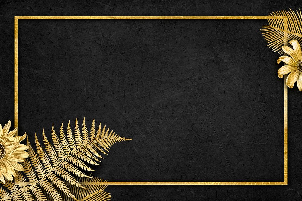 Sunflower palm leaf psd gold border frame on black textured wallpaper