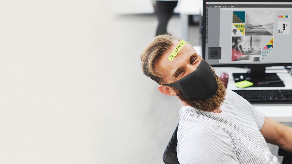 Businessman in mask, new normal office workplace 