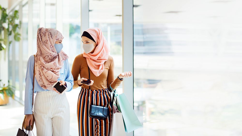 Muslim girls hanging out in face masks at the mall