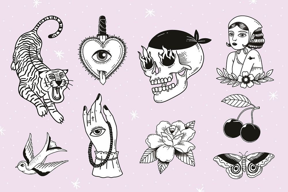 Black & white retro tattoo element psd set pastel background