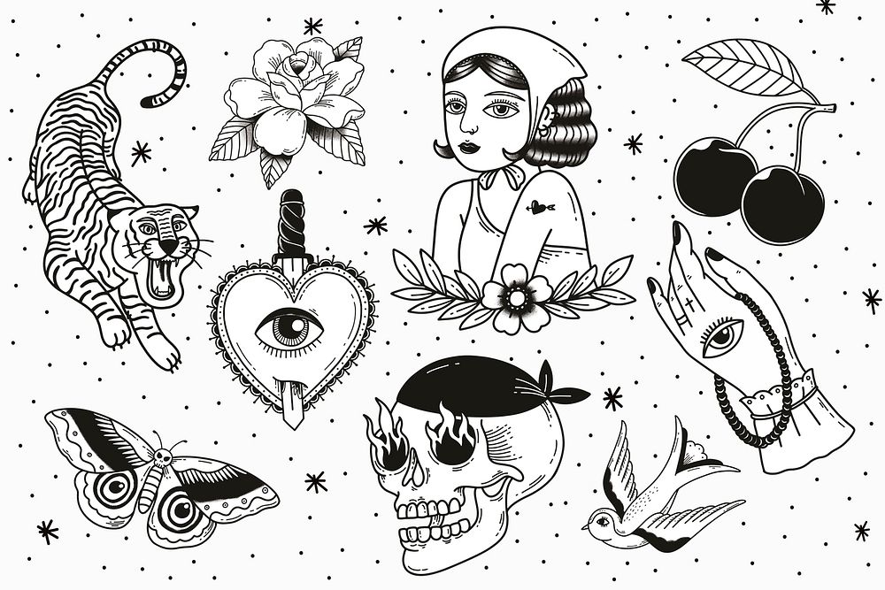 Black & white creative tattoo element psd set