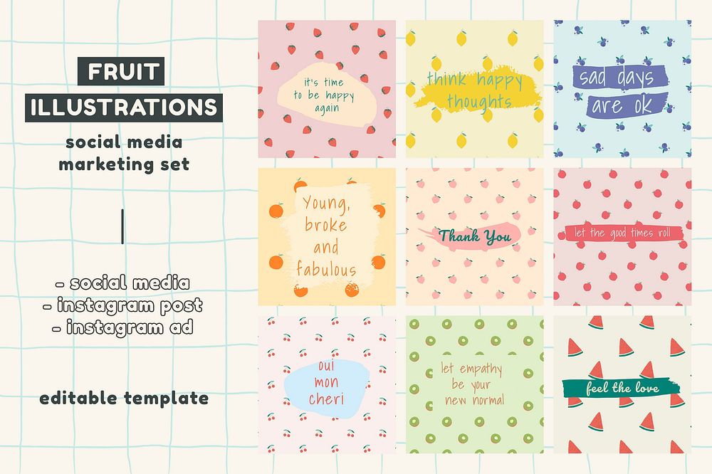 Vector fruit pattern quote social media post template set