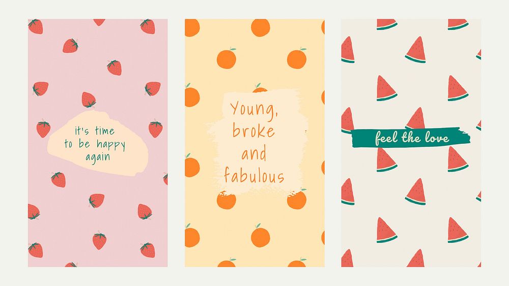 Vector fruit pattern quote social media story template set