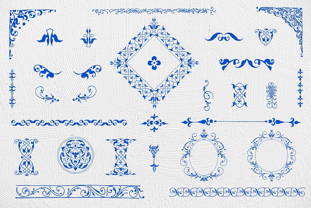 Blue vintage ornamental element psd set, remix from The Model Book of Calligraphy Joris Hoefnagel and Georg Bocskay