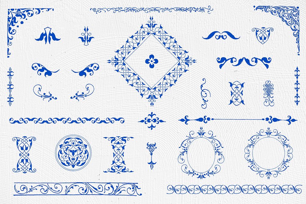 Blue vintage vector ornamental element set, remix from The Model Book of Calligraphy Joris Hoefnagel and Georg Bocskay