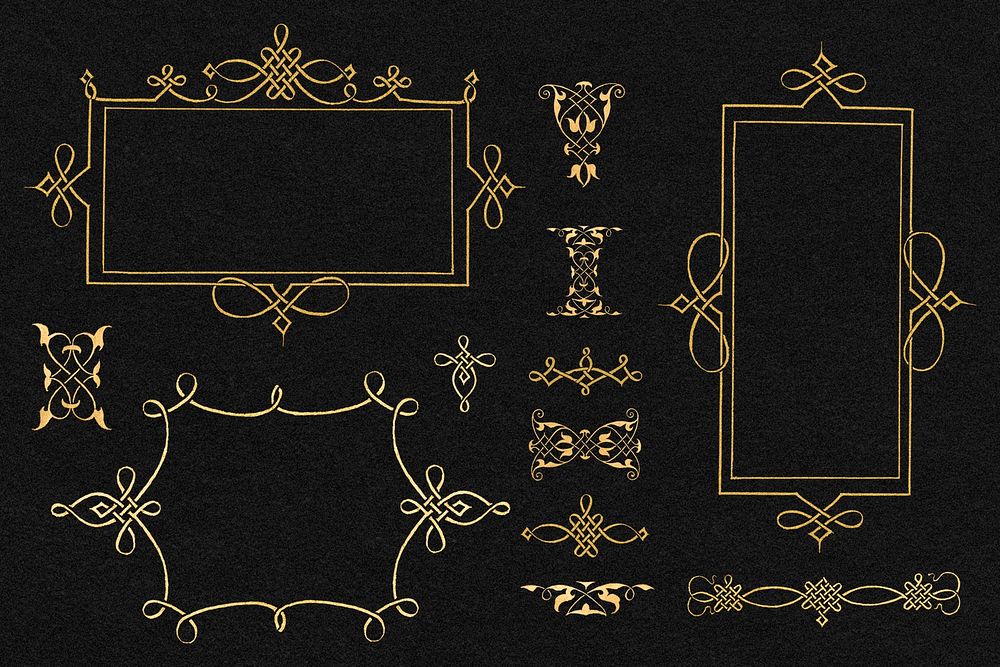 Gold filigree frame set psd, remix from The Model Book of Calligraphy Joris Hoefnagel and Georg Bocskay