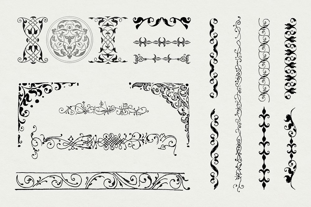 Black Victorian psd vintage ornamental element set, remix from The Model Book of Calligraphy Joris Hoefnagel and Georg…