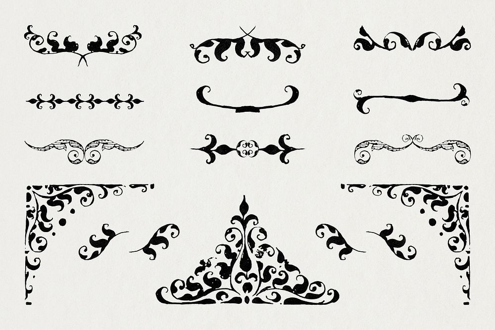 Black vintage ornamental flourish divider element set, remix from The Model Book of Calligraphy Joris Hoefnagel and Georg…