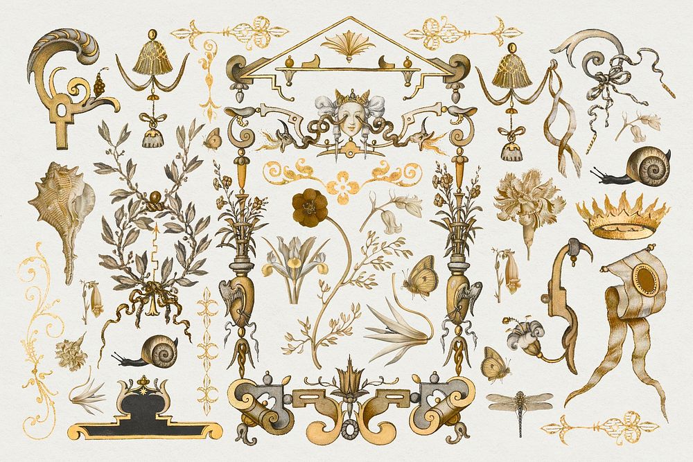 Gold antique Victorian decorative psd ornament set, remix from The Model Book of Calligraphy Joris Hoefnagel and Georg…