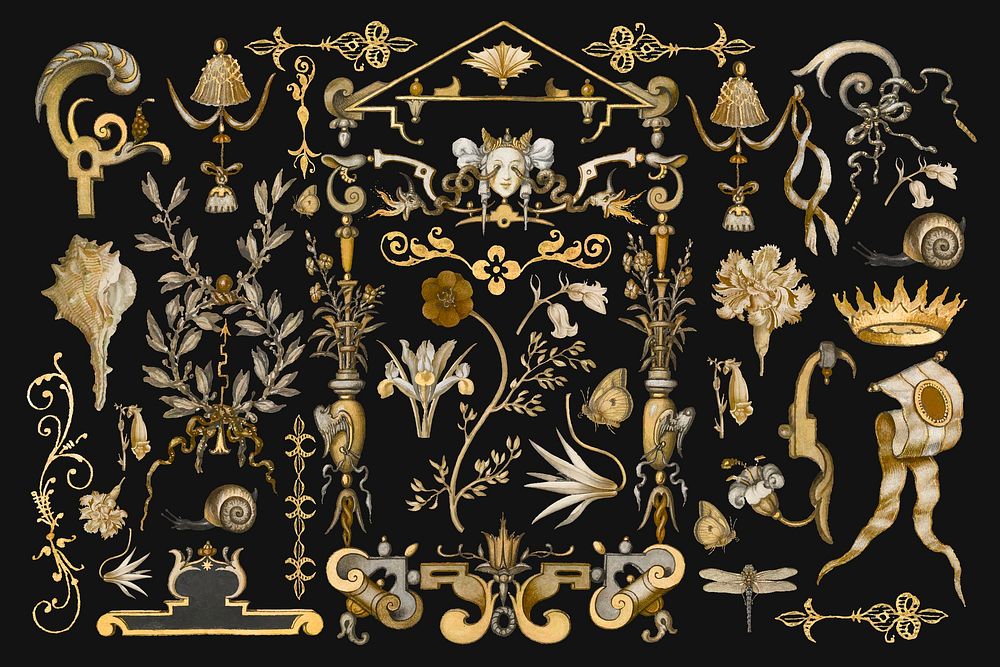Gold antique Victorian decorative vector ornament set, remix from The Model Book of Calligraphy Joris Hoefnagel and Georg…