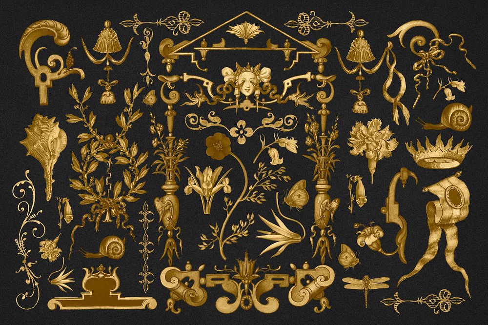 Gold antique Victorian psd decorative ornament set, remix from The Model Book of Calligraphy Joris Hoefnagel and Georg…