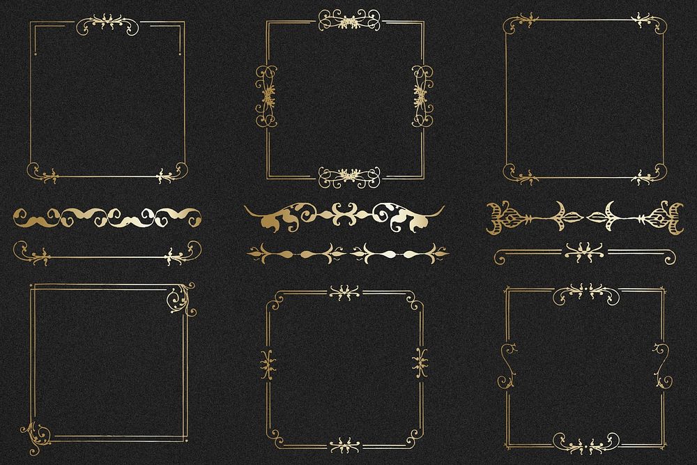 Psd gold vintage frame ornamental element set, remix from The Model Book of Calligraphy Joris Hoefnagel and Georg Bocskay