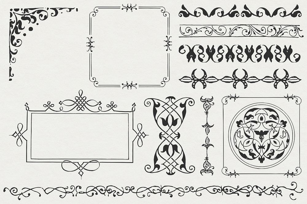 Black vintage frame ornate element set, remix from The Model Book of Calligraphy Joris Hoefnagel and Georg Bocskay