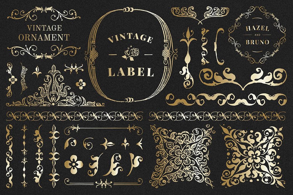 Psd gold vintage ornamental element set, remix from The Model Book of Calligraphy Joris Hoefnagel and Georg Bocskay