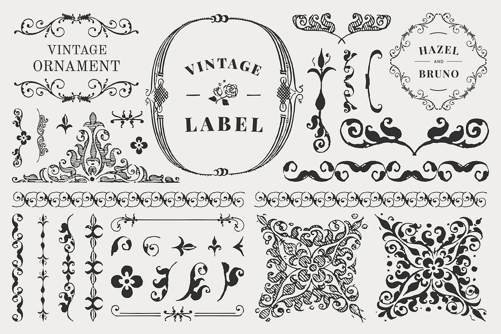 Vintage ornament label element set vector, remix from The Model Book of Calligraphy Joris Hoefnagel and Georg Bocskay