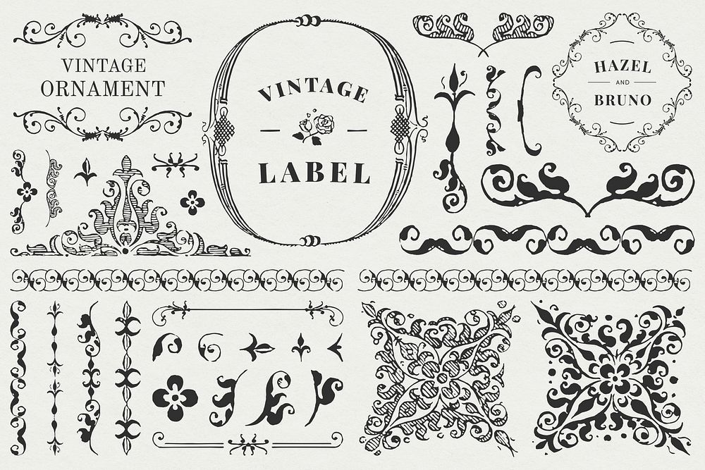 Vintage ornament label element set psd, remix from The Model Book of Calligraphy Joris Hoefnagel and Georg Bocskay