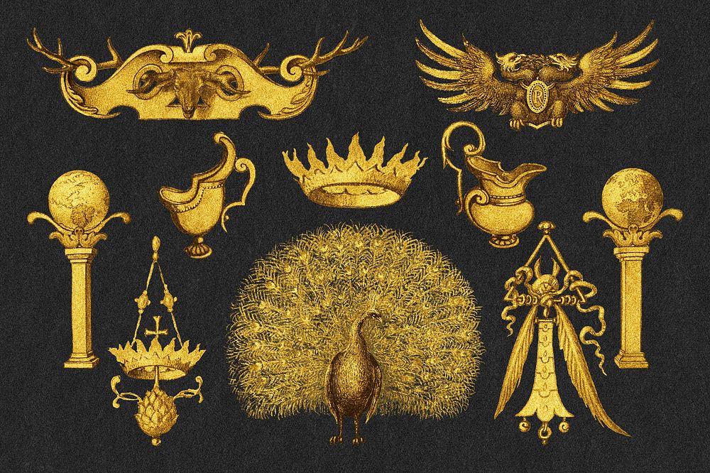 Antique psd gold ornamental medieval style, remix from The Model Book of Calligraphy Joris Hoefnagel and Georg Bocskay