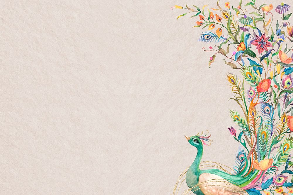 Watercolor peacock border psd with flowers on beige background