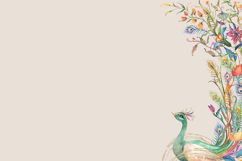 Watercolor peacock border vector with flowers on beige background