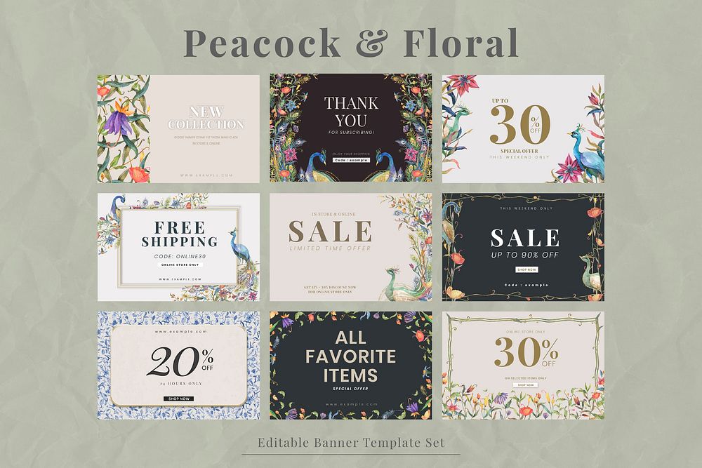 Editable banner templates vector for online shop ads with watercolor peacocks and flowers illustration