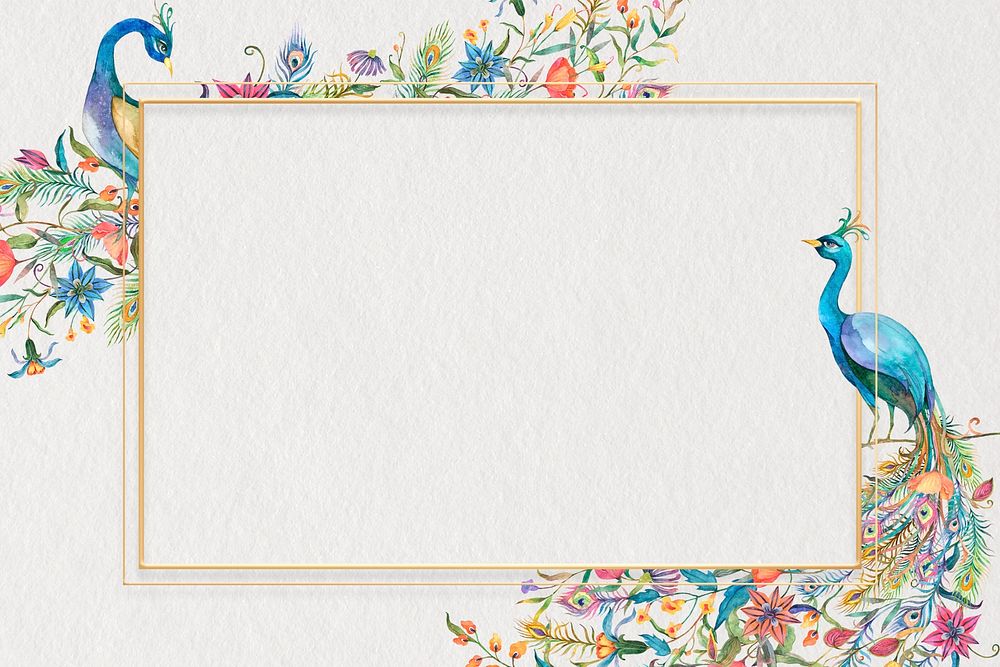 Gold frame psd with watercolor flower and peacock illustration