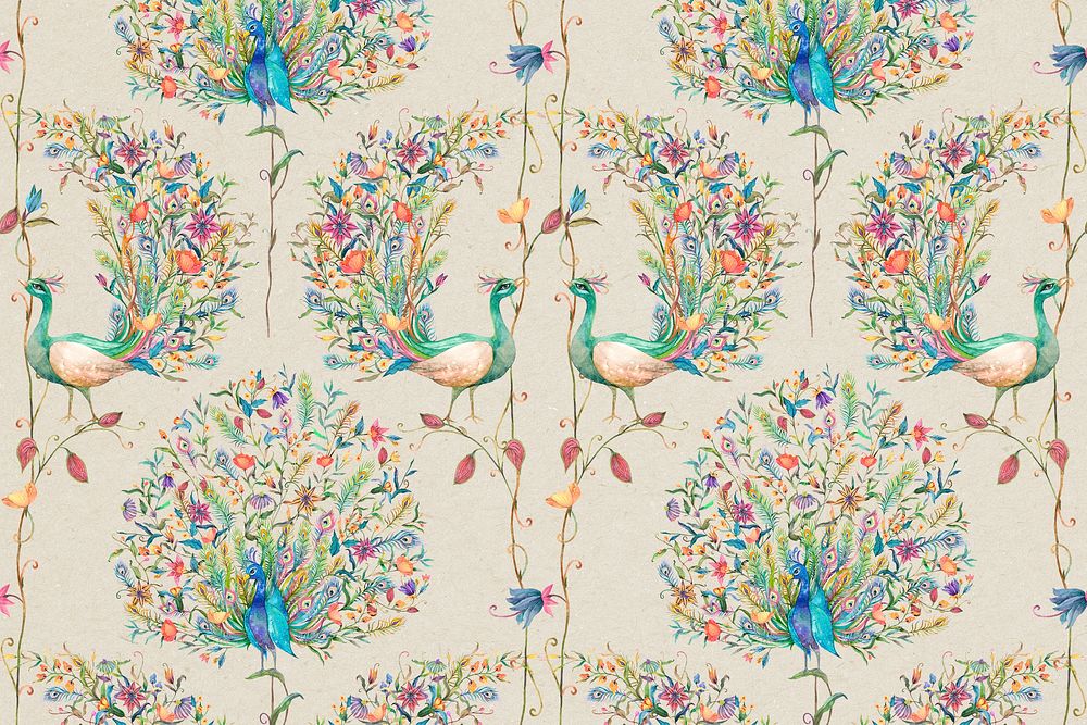Pattern background psd with watercolor peacock and flower illustration
