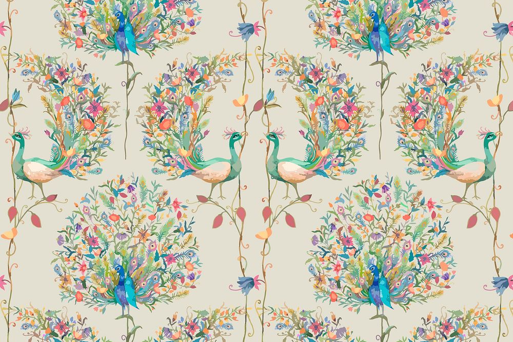 Pattern background vector with watercolor peacock and flower illustration